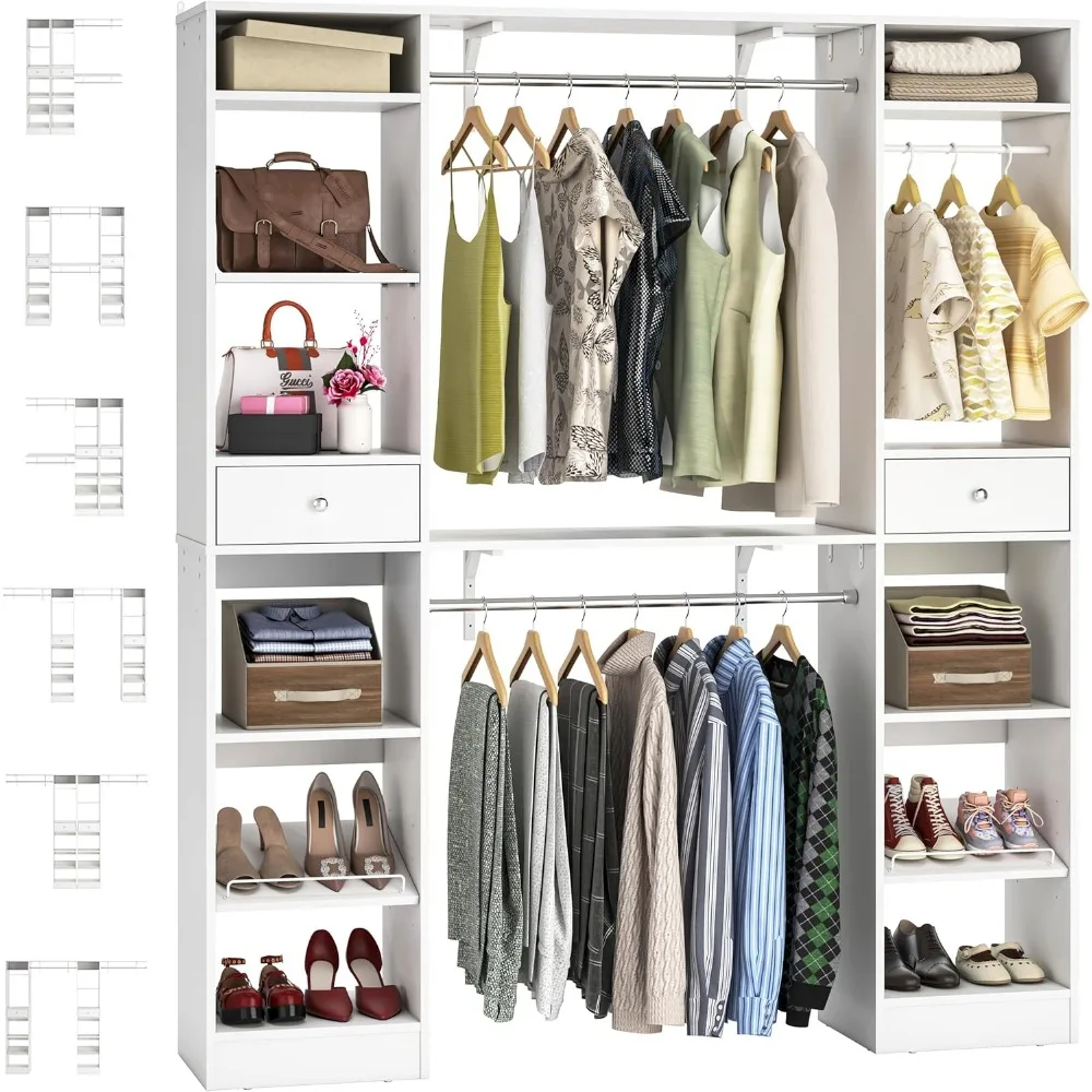 58″ W – 90″ W Closet System, Large Walk in Closet Organizer with 3 Hanging Rods and Shelves, Heavy Duty Wood Closets