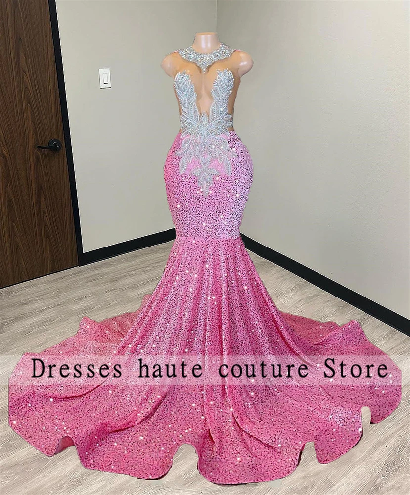 Luxury Pink Sequin Mermaid Long Prom Dresses 2023 For Black Girl Beads