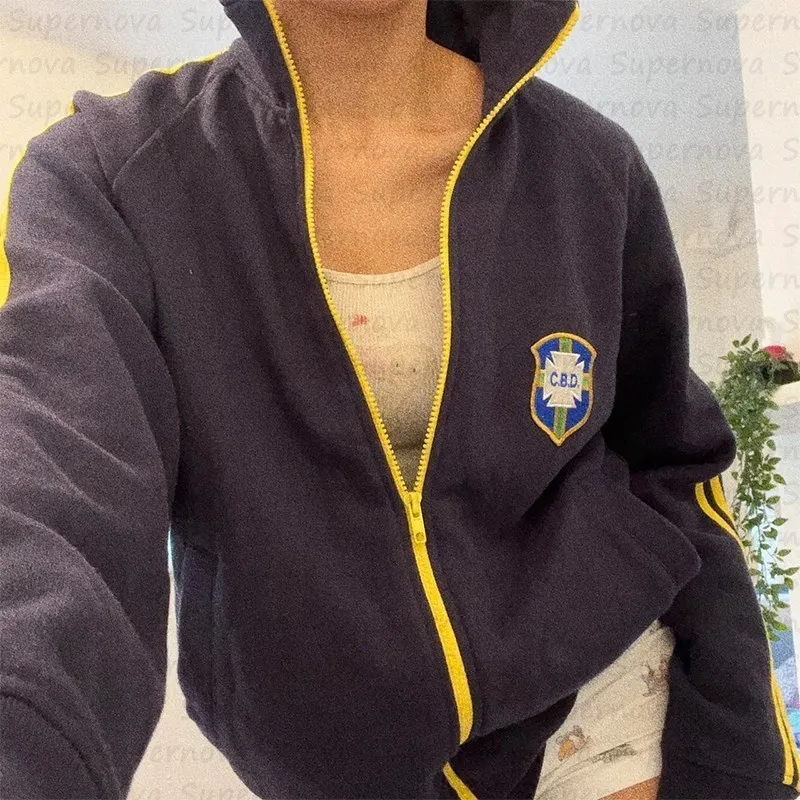 Weimei High Street Commuter Letter Pattern Embroidered Zipper Sweater Gothic Y2K Sports Garbage Top for Men and Women