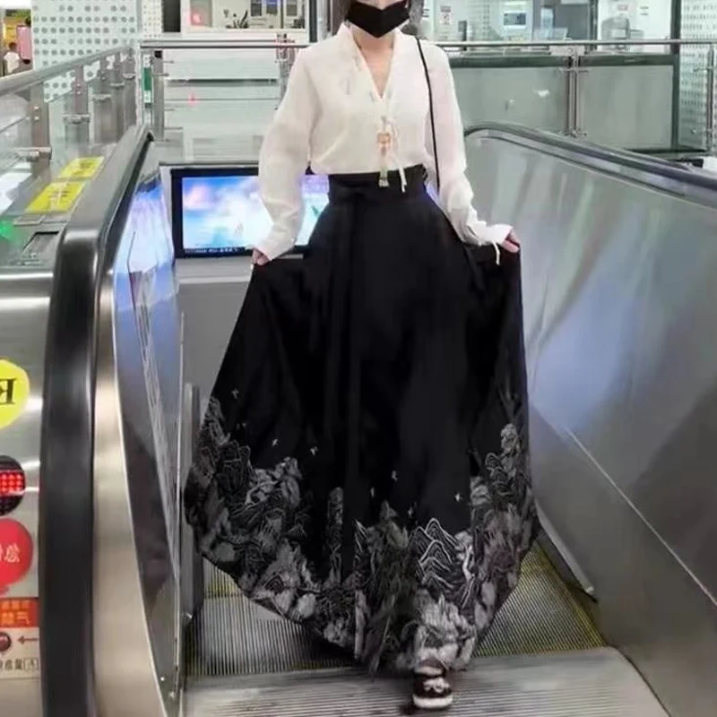 Spring Autumn Vintage Chinese Style Sets Women Solid Color Long Sleeve Shirt and Printing Lacing Pleated High Waist A-line Skirt