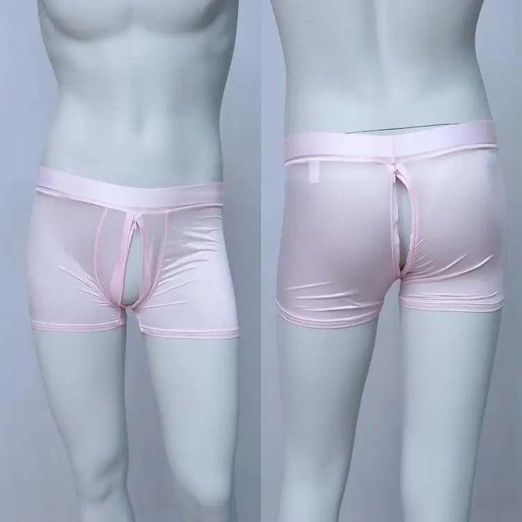 Men's Zipper Open Crotch See Through Ice Silk Thin Glossy Shorts Panties Casual Sleeping Shorts Bottoms Underwear