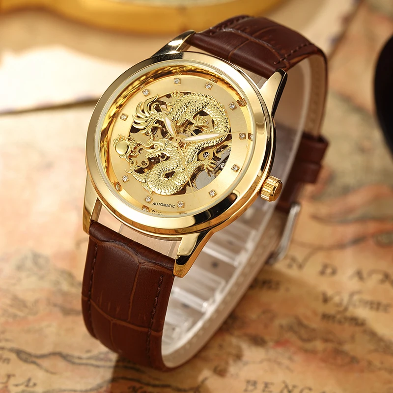 Mens Watch Luxury Chinese Dragon Gold Waterproof Stainless Steel Male Sport Automatic Mechanical Watch Clock Business Wristwatch