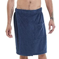 Mens Bathing Towel with Pocket Male Bathhouse Shower Room Elastic Waistband Beach Home Bathing Skirt Coral Fleece Bath Skirt