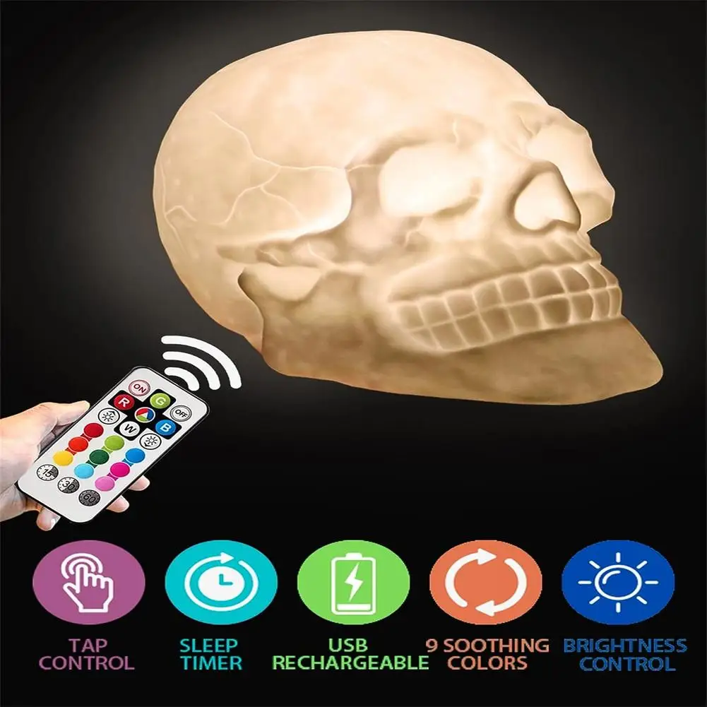 

Led Skull Light With Remote Control USB Rechargeable Touch Control Skeleton Lamp For Halloween Party Horror Decoration
