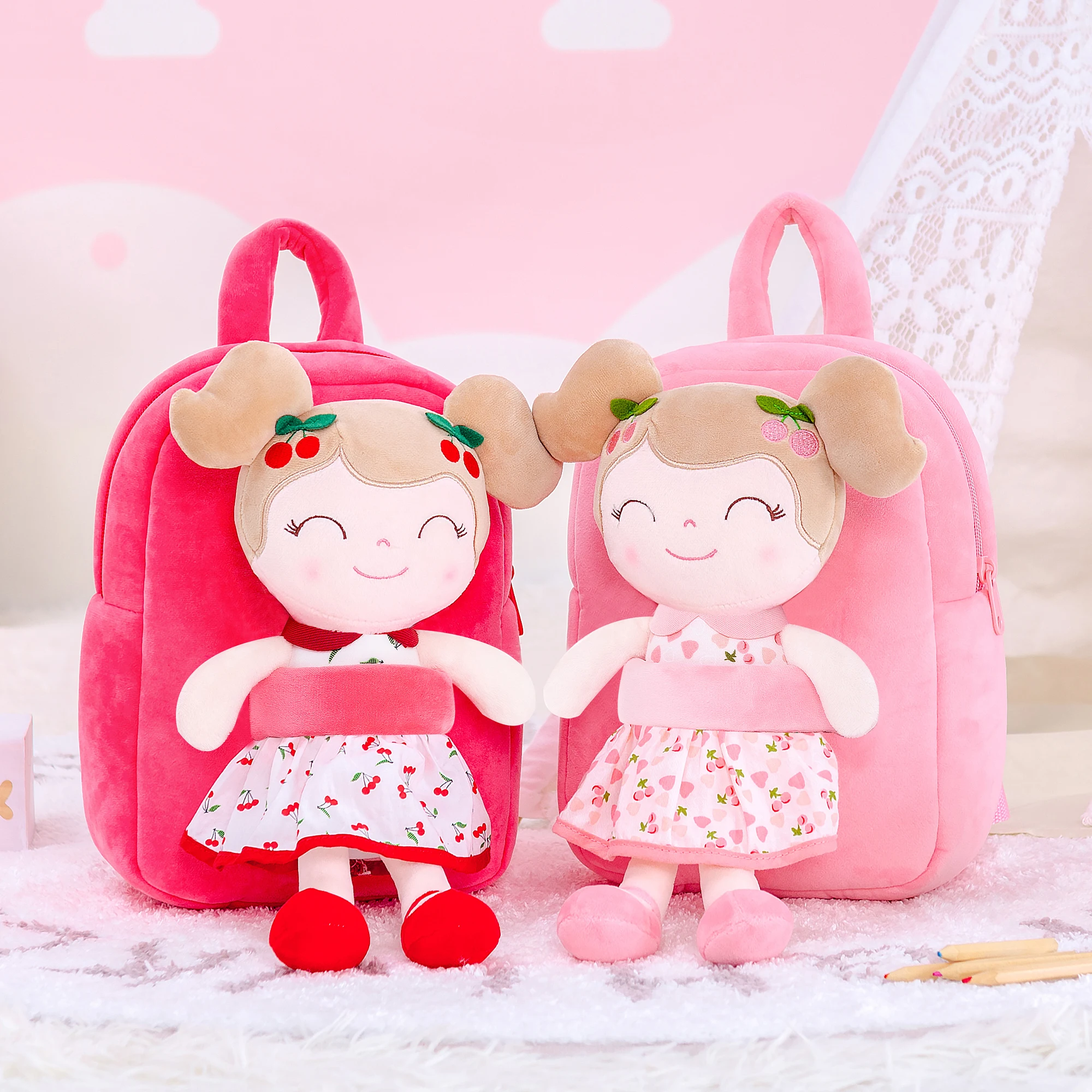 Gloveleya Plush Backpacks Baby Girl Bags Cherry Girl Doll Backpacks For