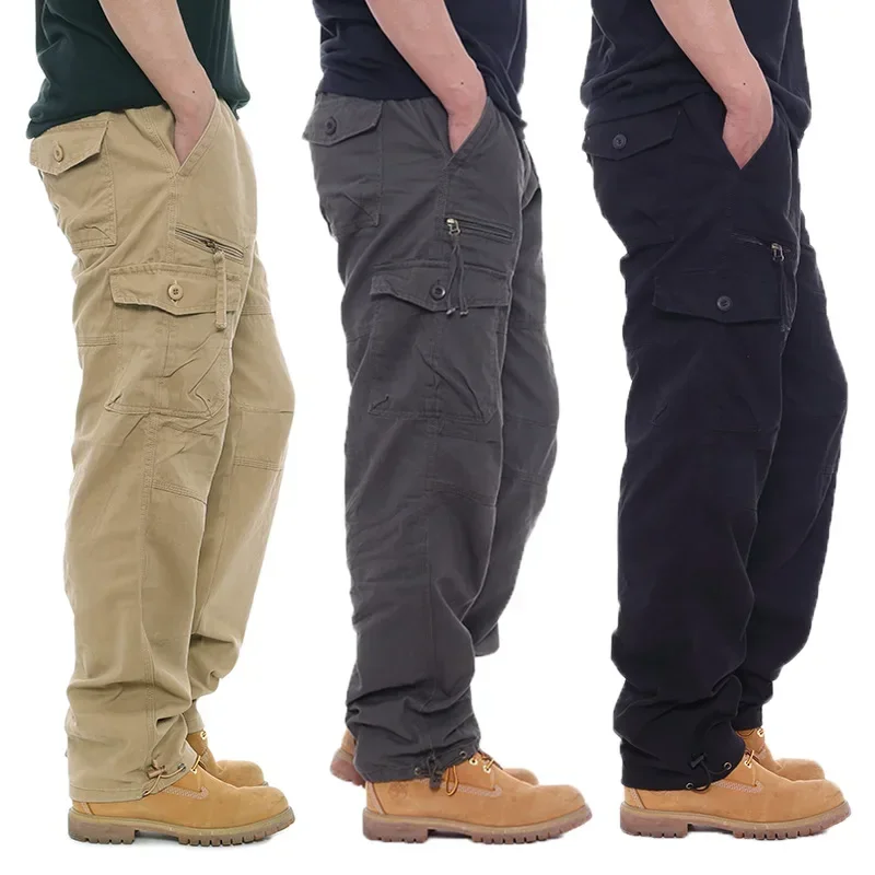 Men's Cotton Overalls Casual Pants Elastic Waist Plus Size Multi-pocket Slacks,men pants