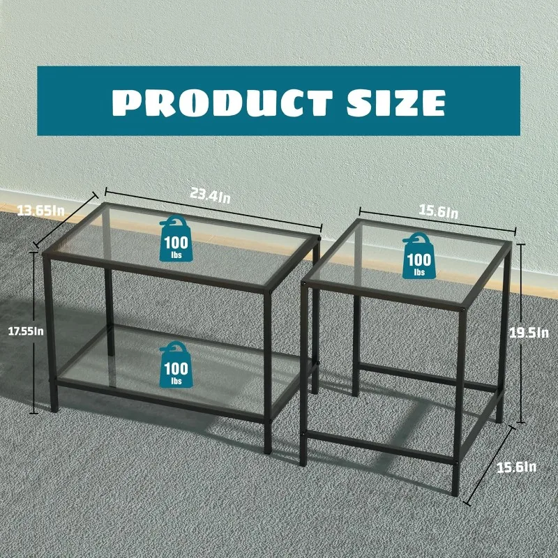 Nesting Coffee Table,Small Glass Coffee Table Set of 2, Modern Square Sofa Side Tea Table Black，Gold 2
