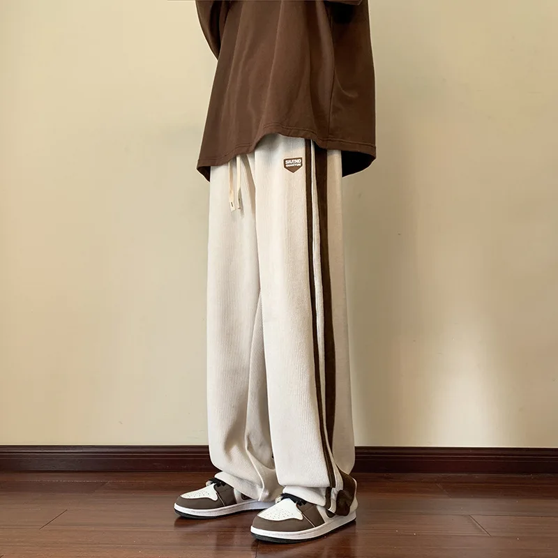 용수철 남성용 루즈 캐주얼 바지, 다목적 레트로 스트라이프 스웻팬츠, 하이 스트리트 패션, 스트레이트 레그 스포츠 캐주얼 바지, 가을