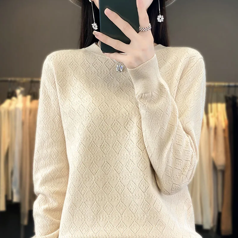 

Autumn And Winter New Hollow Crochet Long-Sleeved Knitted Bottoming Shirt Women's Round Neck Pullover Joker Warm Sweater Inside