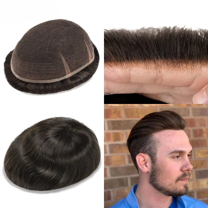 French Lace Base Wig Breathable Male Capillary Prothesis New Full Lace Toupee 100% Human Hair System Bleached Knots Wigs For Man