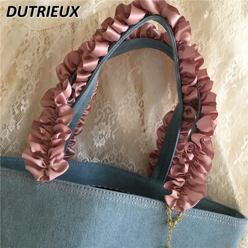Fashion Handbags Denim Pleated Shoulder Strap Simple Lhandbag for Ladies Autumn Winter Japanese Style Casual Women's Tote Bag