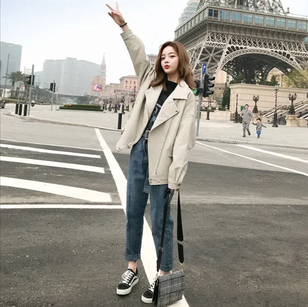 Jacket Faux Leather Women Casual PU Loose Motorcycle Jackets Female Streetwear Oversized Coat Korean Chic Winter Thick Quality