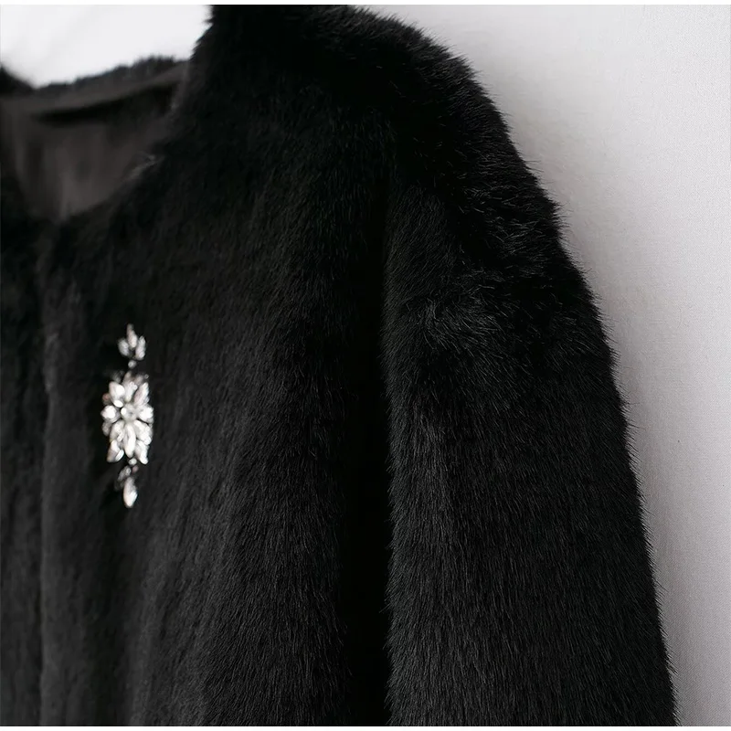 Abrigo de piel con joyería vintage para mujer, chaqueta holgada de manga larga con cuello redondo y felpa negra de invierno, abrigo grueso y cálido elegante para mujer