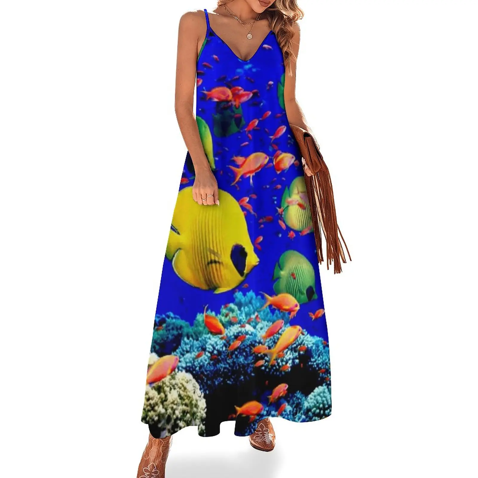 

New AUSTRALIA-QUEENSLAND : Great Barrier Coral Reef Print Sleeveless Dress evening dresses ladies sexy dress for women