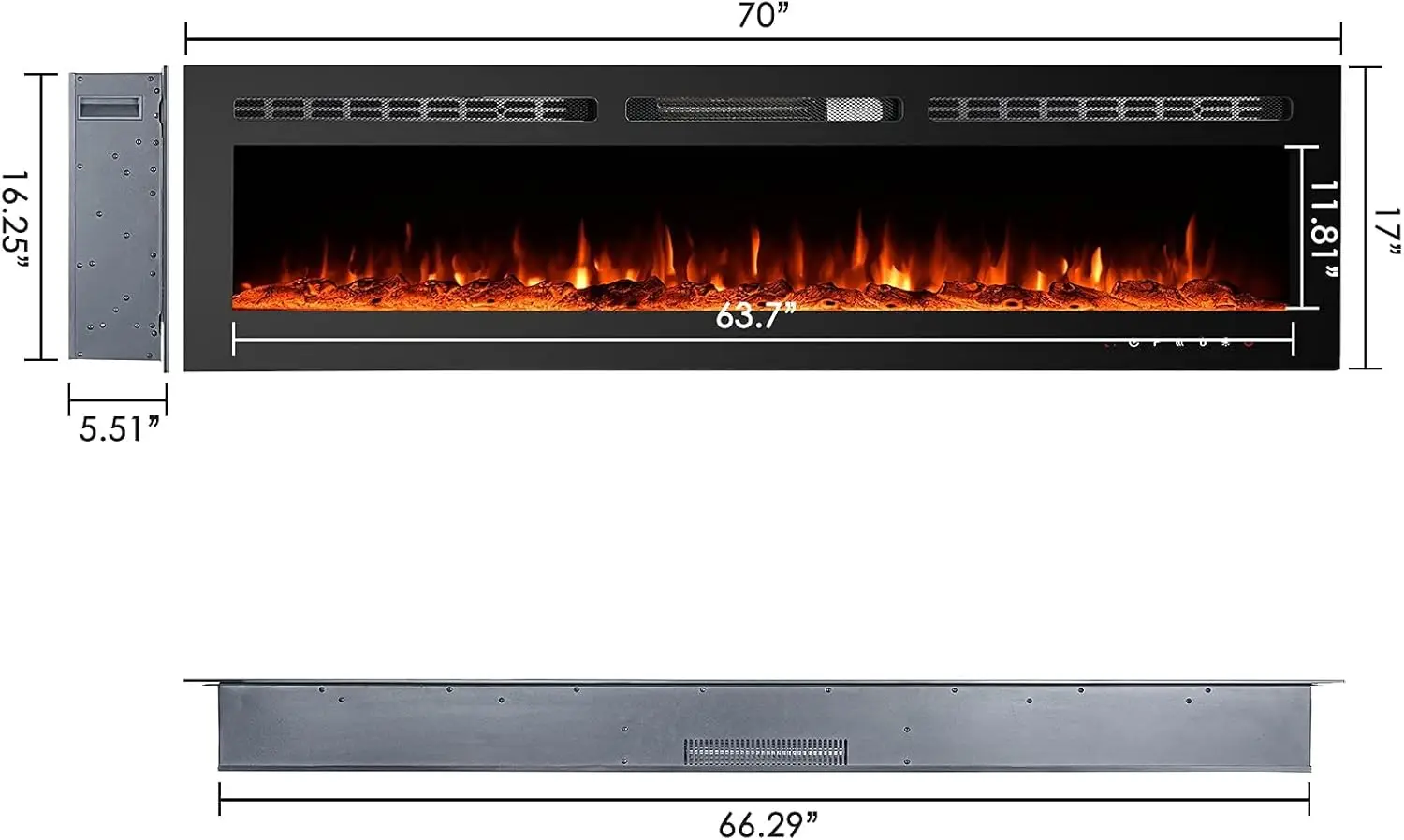 Electric Fireplaces Recessed Wall Mounted Fireplace Insert 70 Inch Wide Heater LED Fire Place Remote Control & Touch Screen