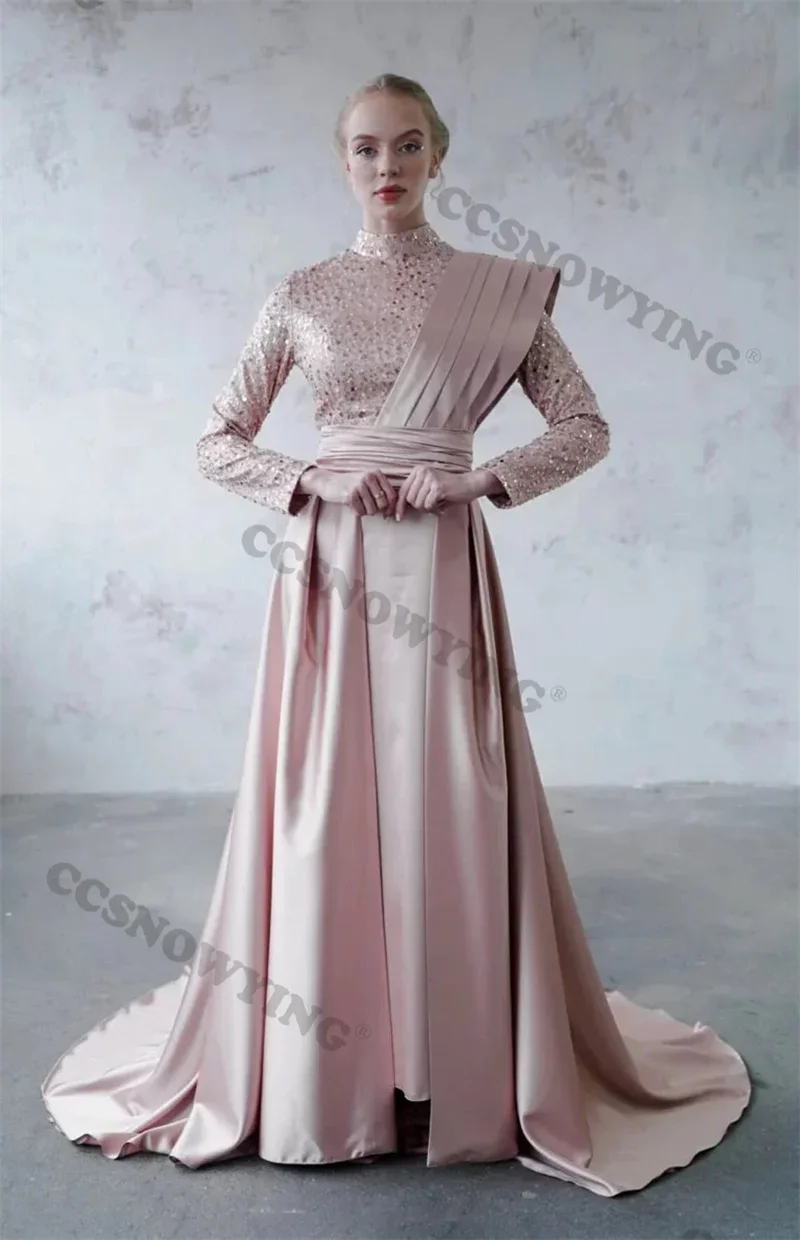 

Pink Satin Sequin Beaded Muslim Evening Dresses Long Sleeve Hijab Women Prom Formal Party Gown Arabic Dubai Robes De Soirée