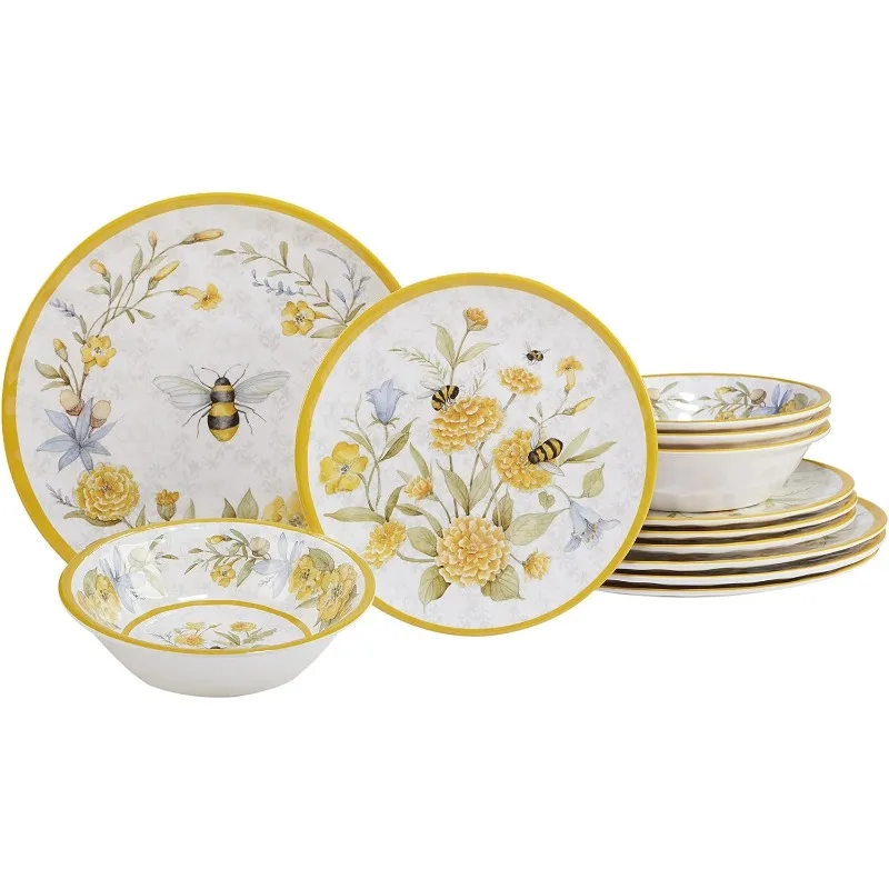 

Bee Sweet 12 Piece Melamine Dinnerware Set, Service for 4, Multicolor