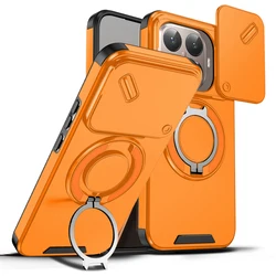 Enhanced Anti - Drop Heavy Duty Phone Case with Sliding Lens Cover and Rotating Stand for Xiaomi 15T (Orange)