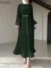 ZANZEA Spring Women Long Sleeve Pleated Dresses Vintage Solid Muslim Abaya Dress Elegant Casual Loose Sundress Islamic Clothing