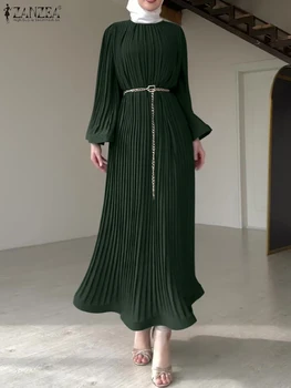 ZANZEA Spring Women Long Sleeve Pleated Dresses Vintage Solid Muslim Abaya Dress Elegant Casual Loose Sundress Islamic Clothing