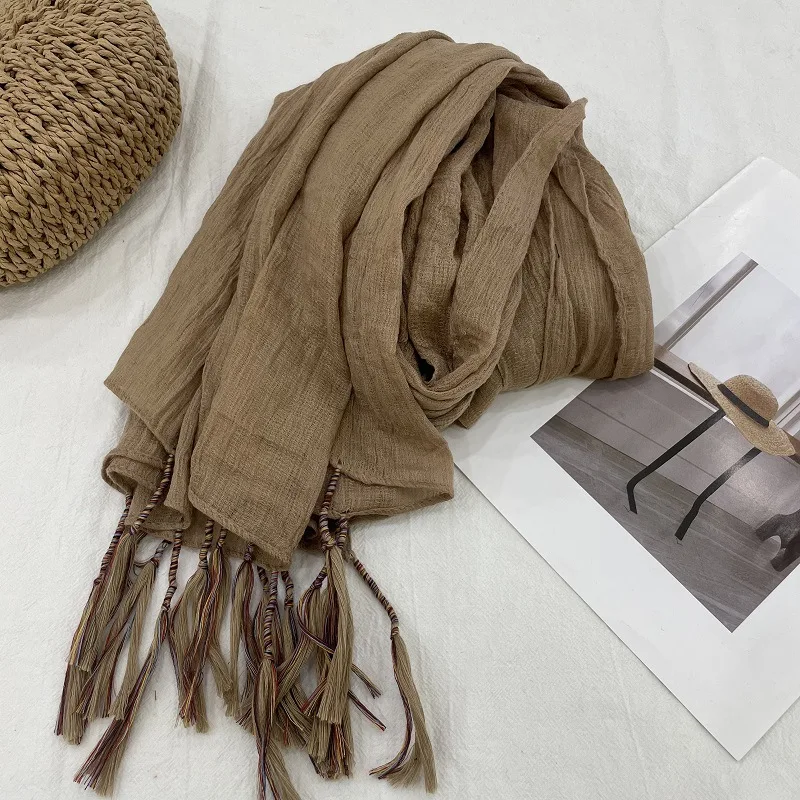 Autumn and Winter Literary Retro Cotton and Linen Hanging Colorful Beard Scarf Women's Sun Protection Large Shawl Decoration