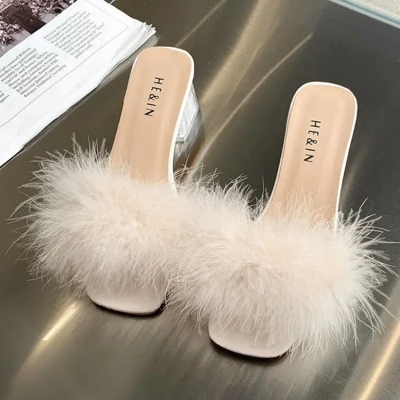 Mules Sandal Women Summer Outdoor Fashion Slippers Square Toe High Heels Office Ladies Feather Slides Chic Classics Furry Shoes 4