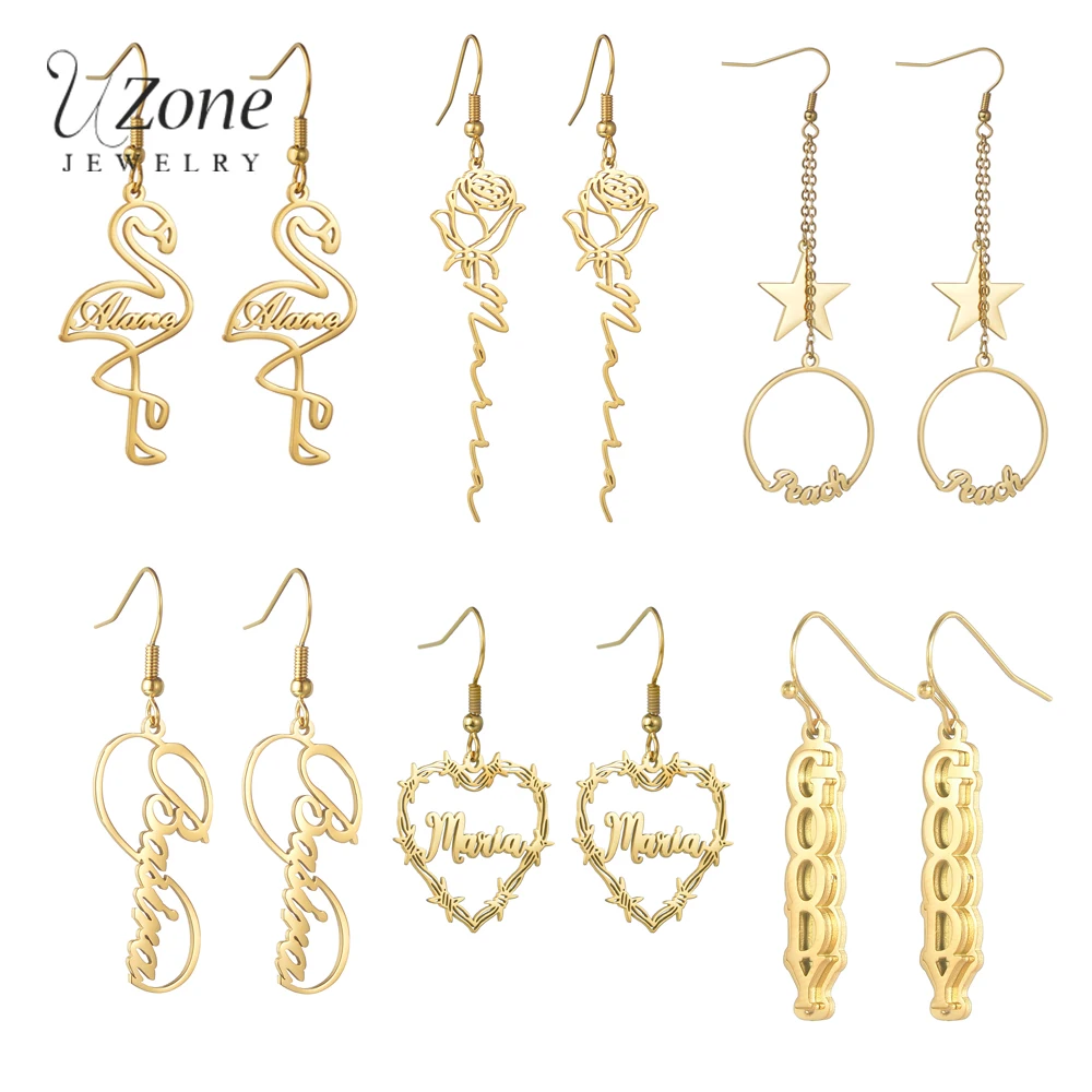 UZone 1 Pair Personalized Custom Name Drop Earrings For Women Stainless Steel Heart Butterfly Charm Dangle Earring Jewerly Gift