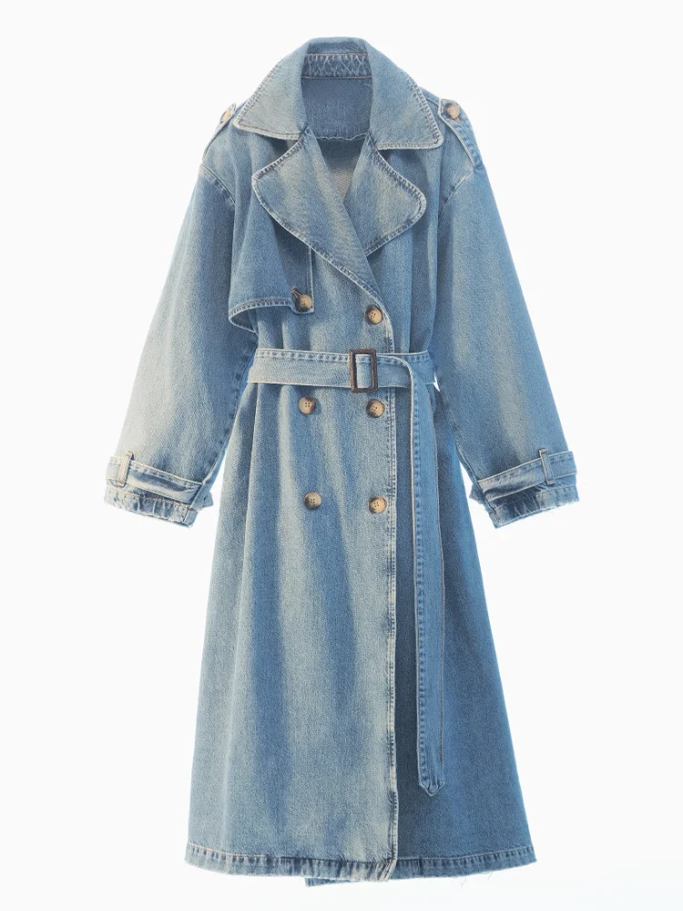 

Long Denim Trench Coats For Women Belt On Waist Slim Jean Coats Ladies Jaqueta Feminina Blue Jean Jacket Woman