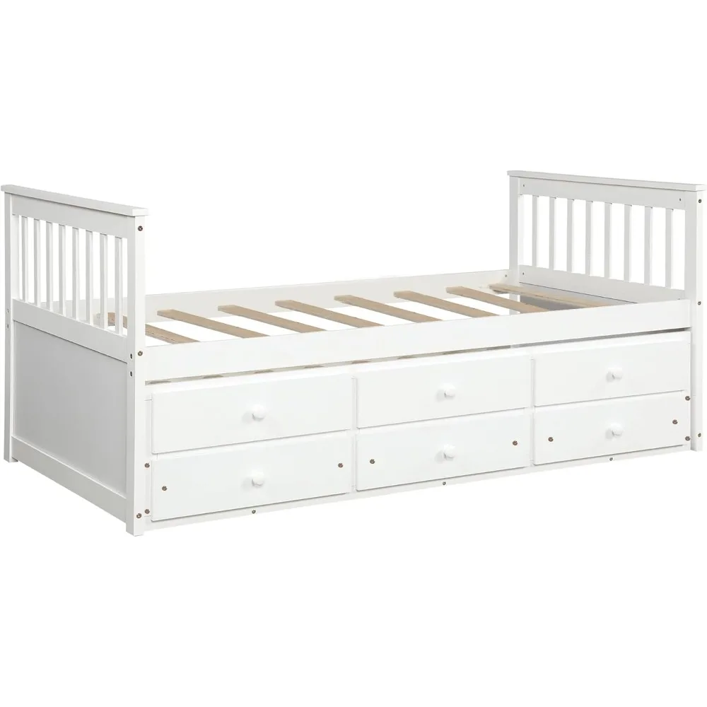 Storage Twin Bed with Trundle and Drawers Wood Daybed Captain’s Bed Bedroom Furniture for Kids Teens Guests 3