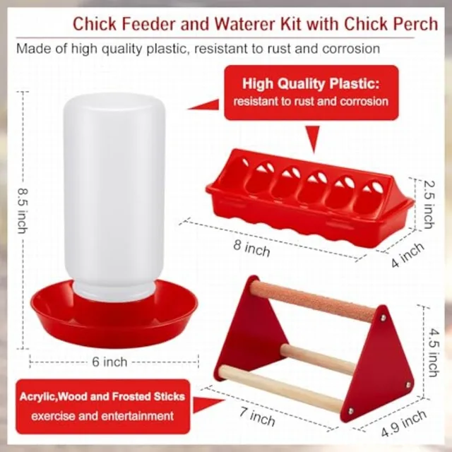 Chick Feeder and Waterer Kit Feeding Supplies with Mini Perch Chicken Starter Kit for Coop and Brooder