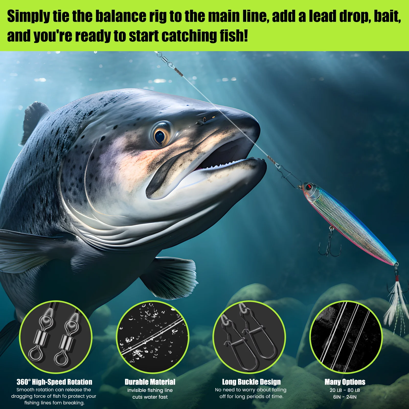 Ligne fluorocarbone 100% avec émerillon roulant et verrou rapide, test pression 9-36kg pour canne