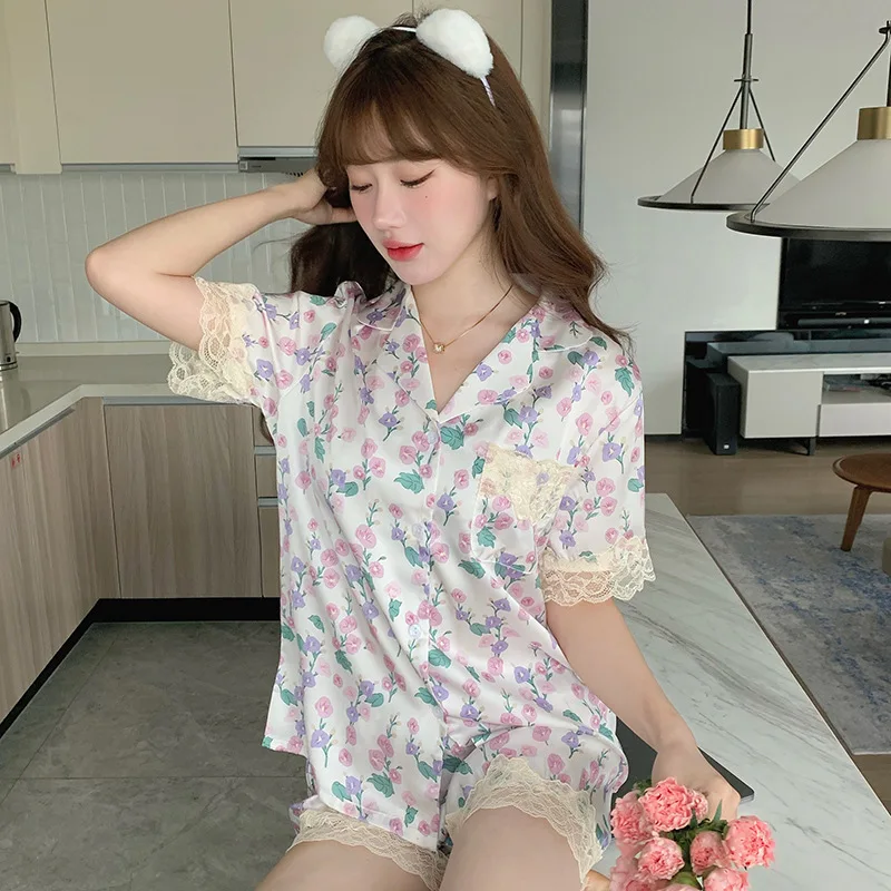 

Летняя Пижама с лацканами, Пижамный костюм, Женская атласная ночная рубашка с принтом, костюм для сна с коротким рукавом, повседневная домашняя одежда