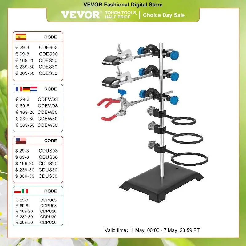 VEVOR Laboratory Support Stand Rack With 3 Adjustable Clips and 3 Hoods School Supplies Stainless for Chemical Biology Teaching