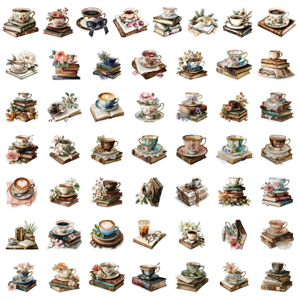 50 Stück Bücher und Kaffee-PET-Kunststoff-Aufkleber, lustige Dekoration, Handyhüllen, Laptop, Tassen, Skateboarden, DIY, dekorative Aufkleber – Detail 5
