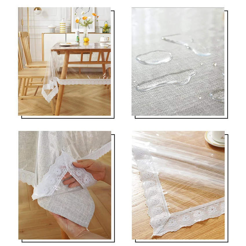 Table Cloth Table Protector Lace Hem Transparent Tablecloth Waterproof Oil-proof PVC Table Cloth Home Kitchen Dining Table Decorative Protective Cover