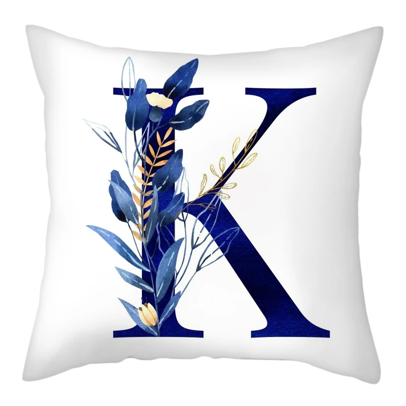 Simple Blue Leaf Alphabet Print Cushion Case 26 Letters Decoration Pillows Case Sofa Chair Livingroom Polyester Throw Pillowcase
