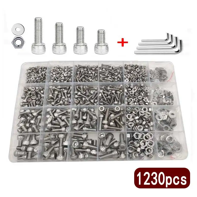 1230Pcs Hex Socket Head Screws Nuts Washers Assortment Set M2.5M3M4M5 Stainless Steel Socket Cap Bolts Kit with 4 Allen Wrenches