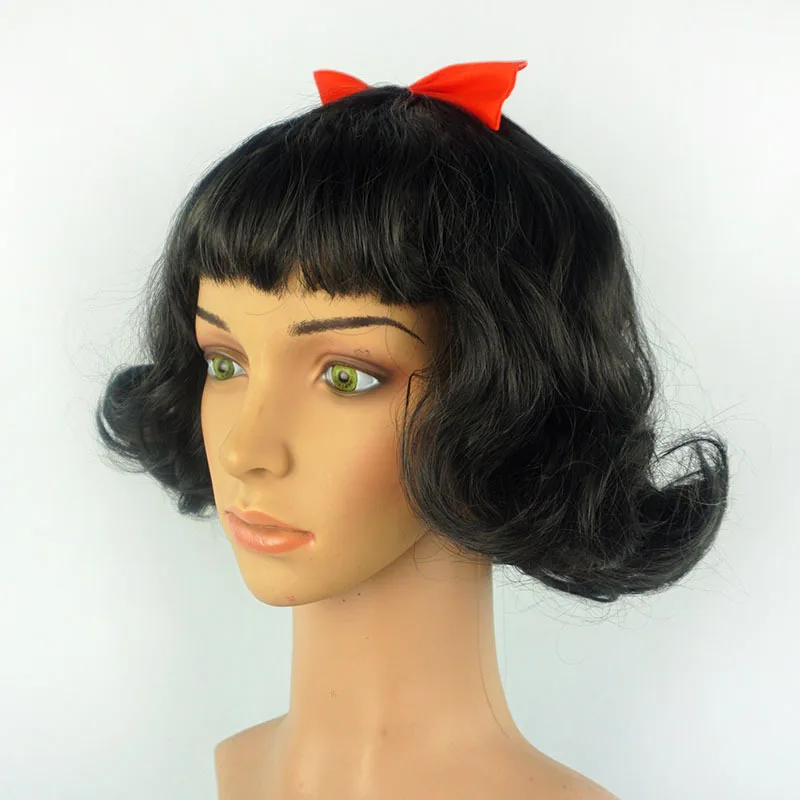 Cosplay Accessories Hair Accessories Cute Girls Snow White Dress Up Wig Girls Princess Cosplay Short Hair Black Curly Hair Wig with Red Bow Kids Role Play Props