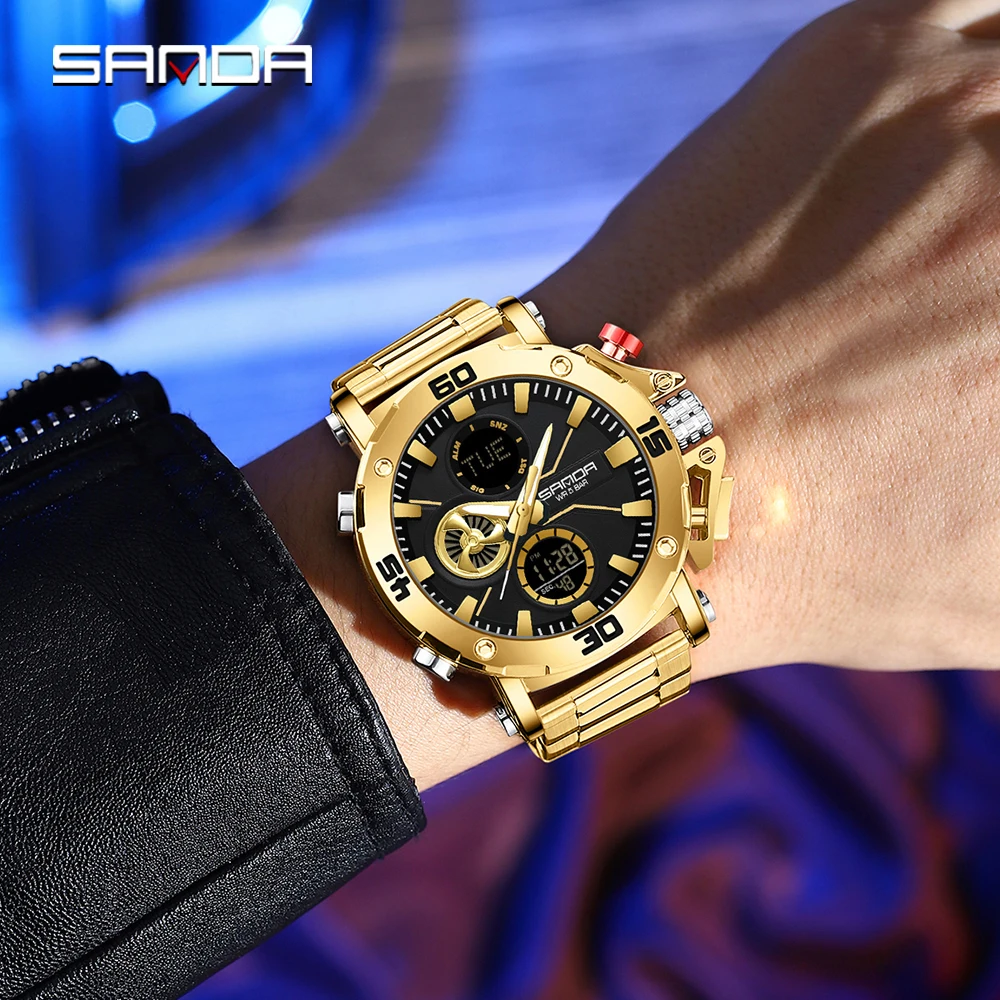 SANDA New 3350 Luxury Stainless Steel Watch Men Military Sport Quartz Waterproof Luminous Stopwatch Electronic Digital Men Watch 3