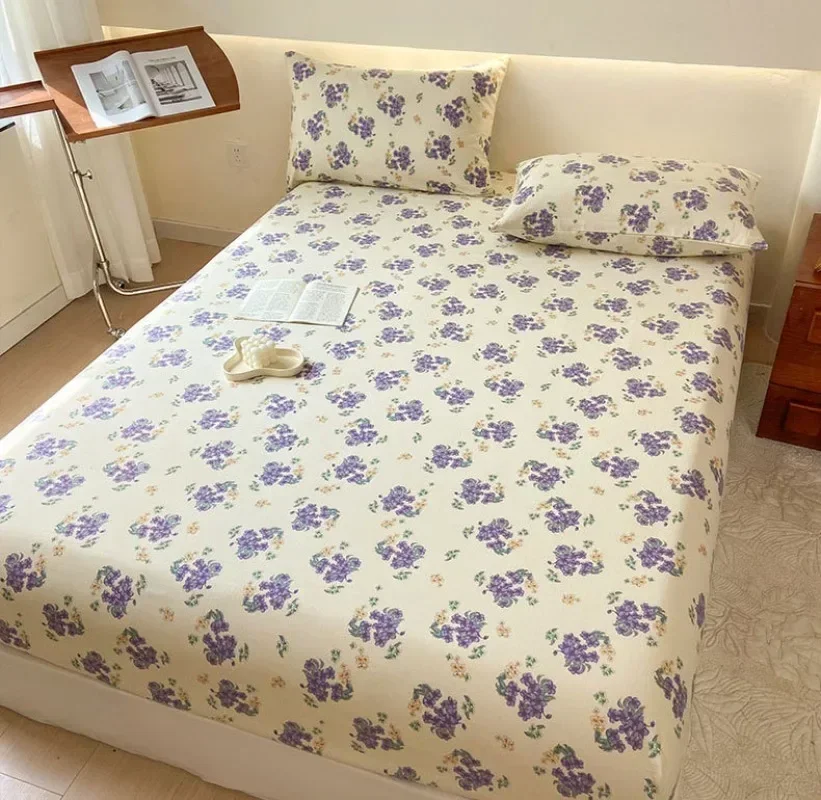 Bed Sheet with Elastic Washed Cotton Blue Flower Printed Fitted Sheet Single/Queen/King Mattress Cover for Double Beds