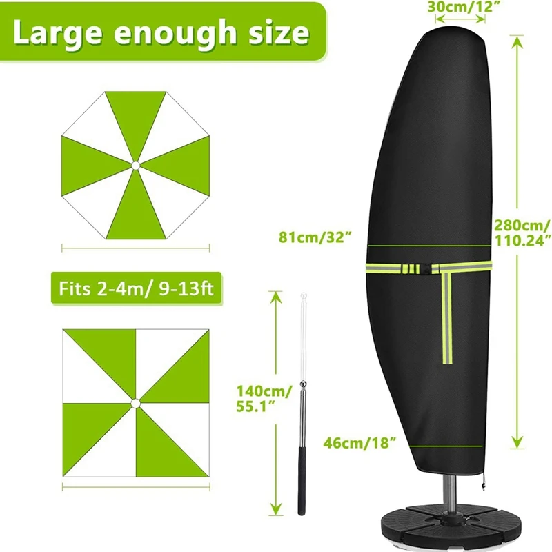 Beach Umbrella Waterproof Garden Umbrella Cover 420D Oxford Cloth Outdoor Cantilever Umbrella Cover with Zipper Windproof Fluorescent Tape