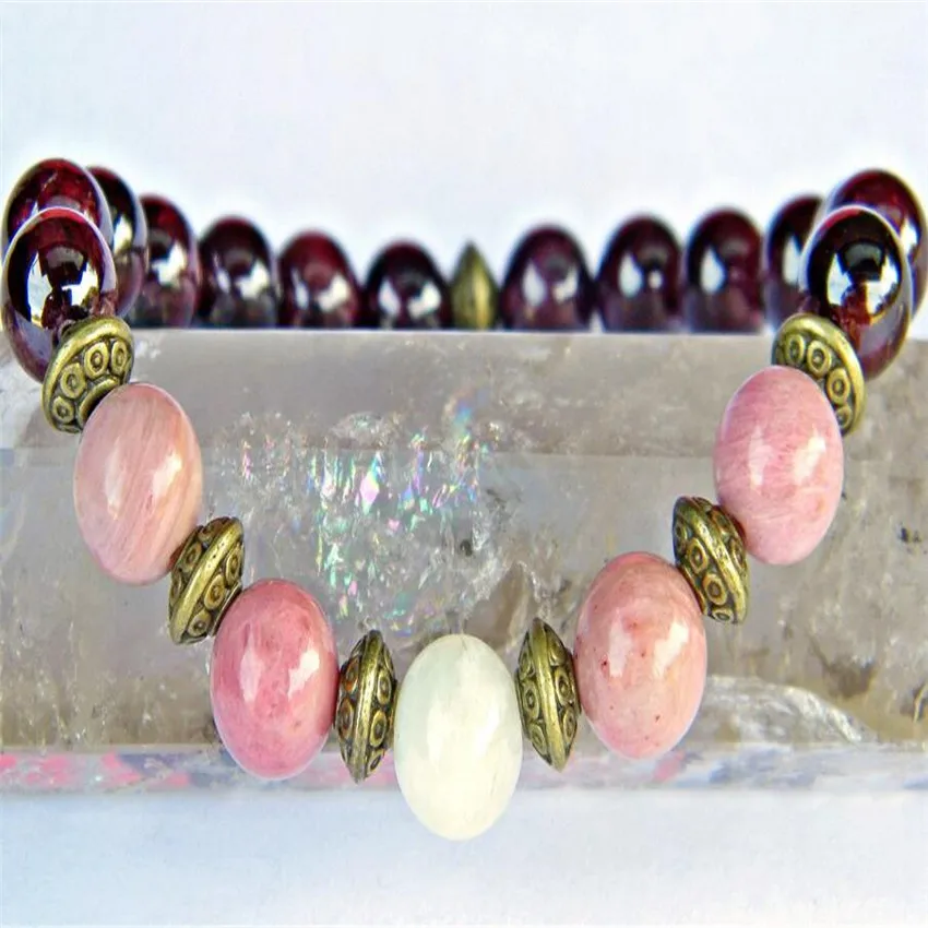 

8mm Garnet Rhodochrosite Gemstone Mala Bracelet 7.5 inches Party Semi-Precious Stones Cuff Office Wear Chain Durable Elegant