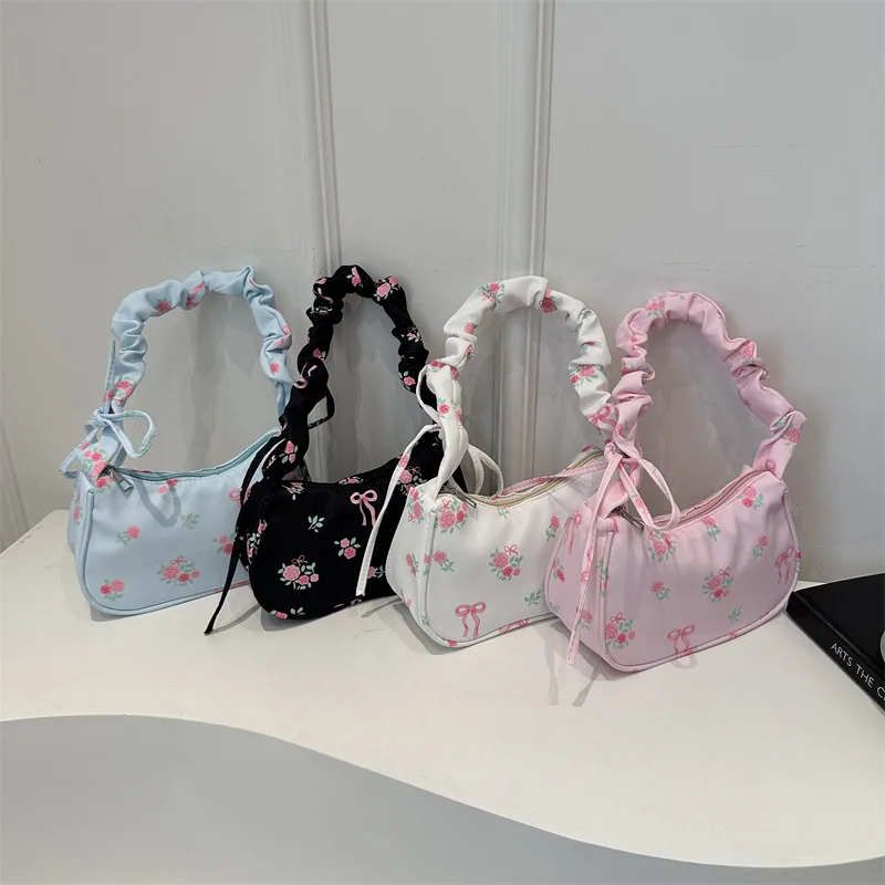 Women's Floral Canvas Shoulder Bag With Bow And Zip Closure_voghion.com