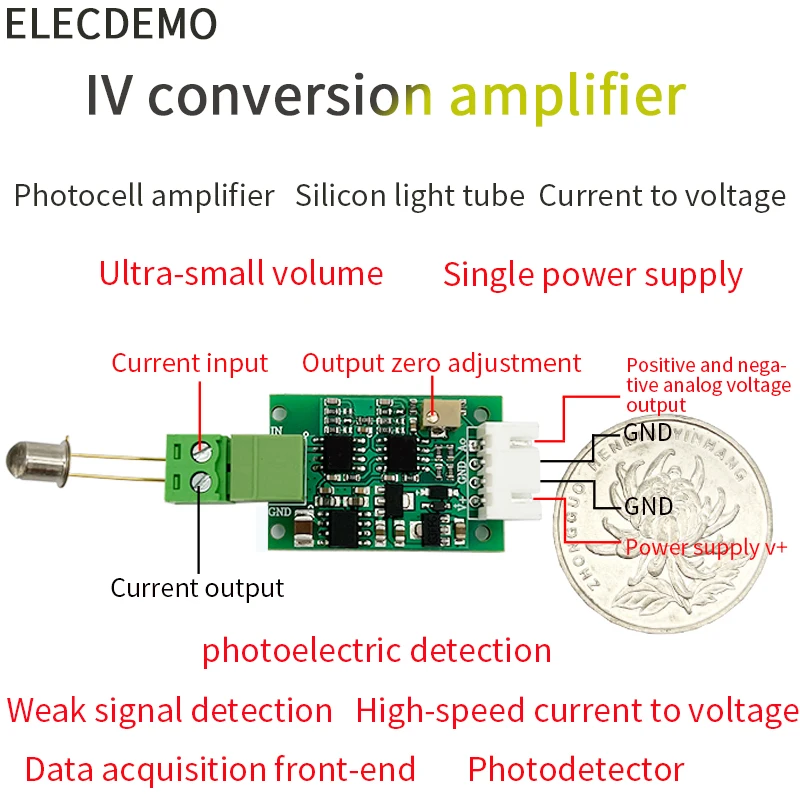 Módulo Amplificador de Conversão Transimpedância Amplificação Pino de Silício Fotodetector Diodo Atual para Sinal de Tensão iv