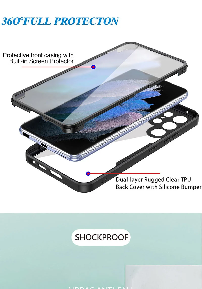 s22 ultra case 360 Full Cover For Samsung Galaxy S22 Ultra S21 FE A72 A52 A32 A22 A12 A21S A71 A51 A02S A03S Transparent Shockproof Phone Case s22 ultra case