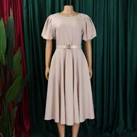 Elegant Office Dress for Women Professional O Neck Short Sleeve Belt Waisted A Line Mid Calf Formal Business Work Dress Midi New - Image 2