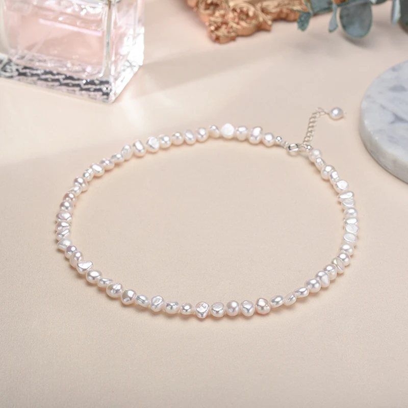 5-6mm Natural Baroque Freshwater Pearl Necklace Fashion Jewelry for Gift,925 Sterling Silver Choker Necklace for Women Girls