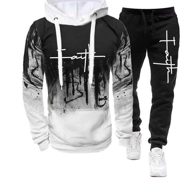 thumbnail image 1 of Chándal informal con estampado de fe original para hombre, sudadera y pantalones de chándal, conjunto de 2 piezas, ropa deportiva, tendencia de moda, Otoño e Invierno, 1 of 5