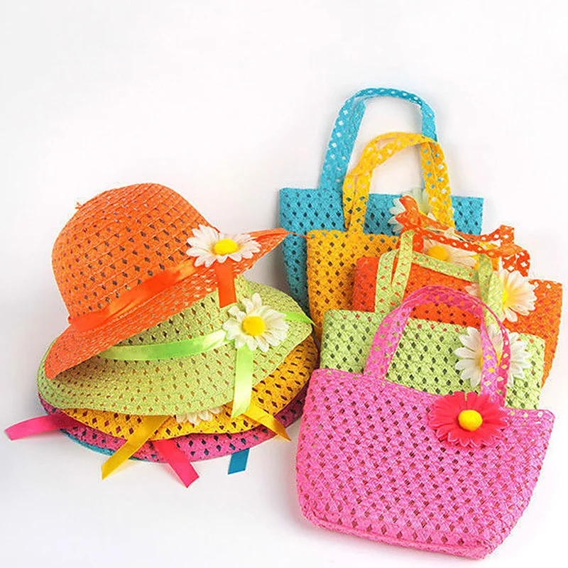 Straw Hat Outdoor Sun Hat Outdoor Straw Hat Bag Set Kids Girl Breathable Beach Hats Cherry Sweet Princess Seaside Panama Hat Spring Summer