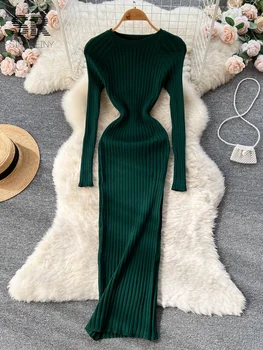 SINGREINY Winter Women Knit Maxi Dress O Neck Autumn Long Sleeve Slim Solid Harajuku Ladies Fashion Pencil Sweater Long Dresses 2